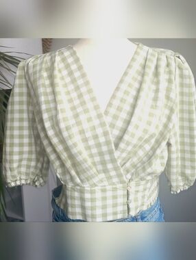 Vero Moda Sage Green Gingham Wrap Blouse Puff Sleeve Size L Boho Cottagecore
